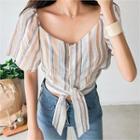 Puff-shoulder Tie-front Striped Blouse