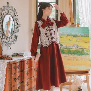 Set: Long-sleeve Bow Accent Midi A-line Dress + Flower Embroidered Crochet Knit Vest