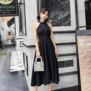 Plain Halter Midi A-line Dress