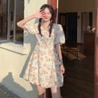 Set: Elbow-sleeve Floral Print Mini A-line Dress + Crossbody Bag