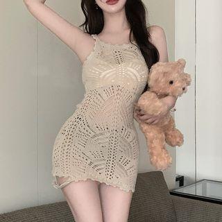 Spaghetti Strap Pointelle Knit Mini Sheath Dress Almond - One Size