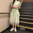 Short-sleeve Mesh Godet Midi T-shirt Dress