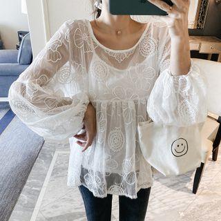 Set: Camisole Top + Floral Embroidered Blouse