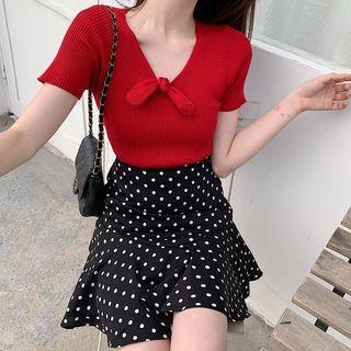 Short-sleeve Tie Neck Knit Top / Polka Dot Skirt
