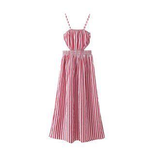 Spaghetti Strap Striped Cutout Midi A-line Dress
