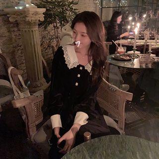 Lace Trim Blouse / Long-sleeve Midi Collared Dress