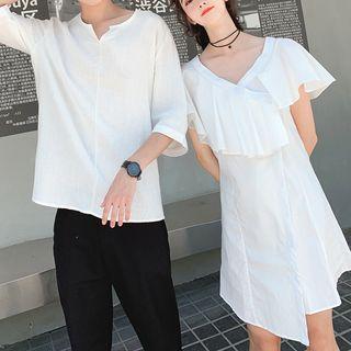 Couple Matching Plain V-neck Ruffle Sleeve Dress / Plain Elbow Sleeve Shirt