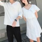 Couple Matching Plain V-neck Ruffle Sleeve Dress / Plain Elbow Sleeve Shirt