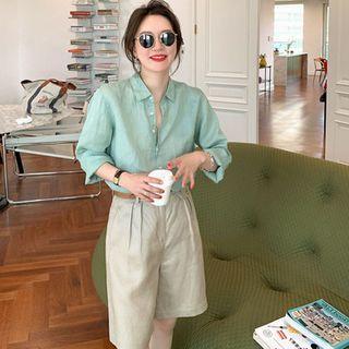 Set: Long-sleeve Plain Shirt + High-waist Plain Wide-leg Shorts