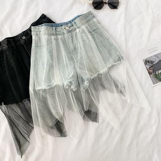 High-waist Mesh-overlay Denim Shorts