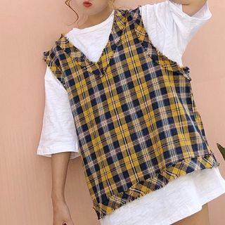 Set: Check Sleeveless Top + Elbow-sleeve T-shirt