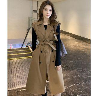 Double-breasted Sleeveless Midi Trench Coat / Plain Long-sleeve T-shirt
