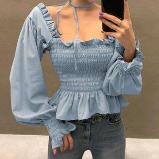 Long-sleeve Square Neck Smocked Blouse