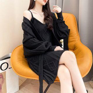 Set: Spaghetti-strap Cable Knit Mini Sheath Dress + Tie-front Cardigan