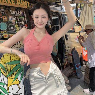 V-neck Cable-knit Cropped Halter Sleeveless Top