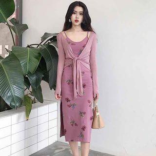 Light Jacket / Spaghetti Strap Floral Print Midi Dress
