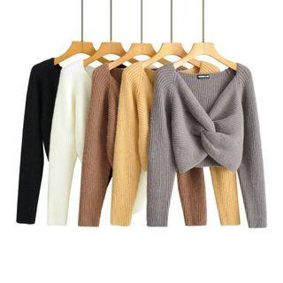 Long Sleeve V-neck Knotted Crop Sweater