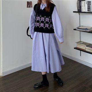 Long-sleeve Midi Shirtdress / Floral Knit Vest