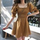Plaid Square-neck Short-sleeve Mini A-line Dress