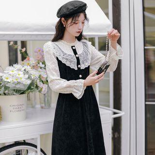 Lace Panel Mock Two-piece Midi A-line Dress