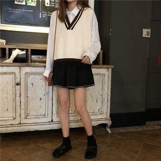 Plain Shirt/ Contrast-trim Knit Vest / Mini A-line Skort
