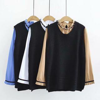 Set: Ruffle Trim Blouse + Crew-neck Knitted Vest