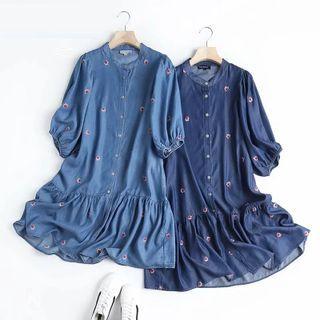 Puff-sleeve Embroidered Denim Dress