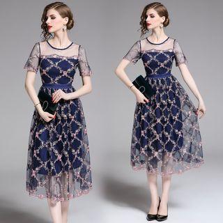 Mesh Embroidered Short-sleeve Midi A-line Dress