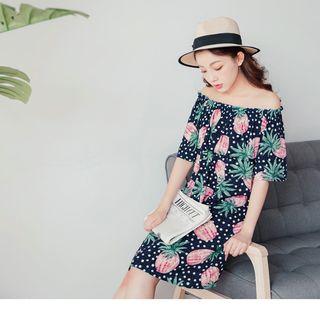 Elbow Sleeve Off-shoulder Pineapple Print Dress