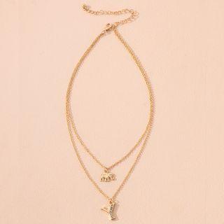 Letter Y Rhinestone Pendant Layered Alloy Necklace Gold - One Size
