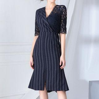 Elbow-sleeve Lace Paneled Striped Dress