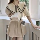 Contrast Trim Collar Blouse / Mini A-line Skirt / Set