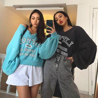 V-neck Balloon-sleeve Printed Cropped Pullover