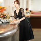 Short-sleeve Rhinestone A-line Cocktail Dress