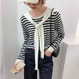 Round-neck Two Tone Striped Knit Oversize Top Stripe - Black - One Size