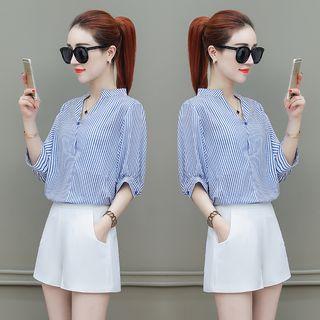 Set: Elbow-sleeve Striped Shirt + Shorts