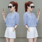 Set: Elbow-sleeve Striped Shirt + Shorts