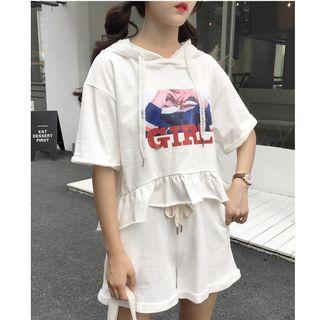 Set: Printed Hooded Short-sleeve T-shirt + Drawstring Shorts