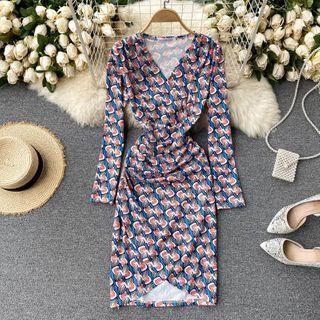 V-neck Long-sleeve Print Dress