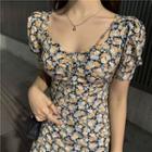Puff-sleeve Floral Cutout-back Mini A-line Dress