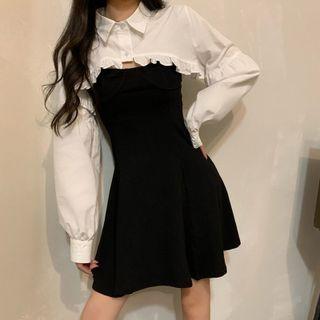 Plain Blouse / Mini A-line Overall Dress / Set