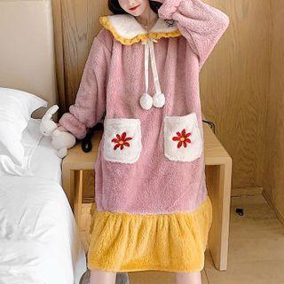 Long-sleeve Collared Flower Print Fleece Midi Sleep Dress