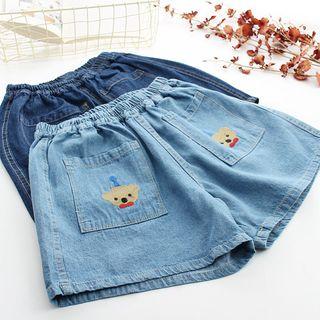 Bear Embroidered Denim Shorts