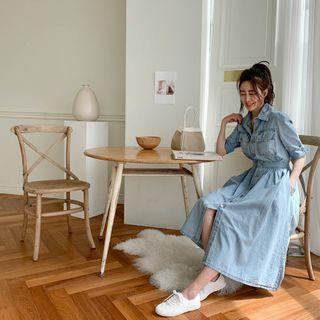 Gathered-waist Denim Long Shirtdress