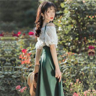 Set: Off-shoulder Blouse + Midi A-line Suspender Skirt