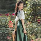 Set: Off-shoulder Blouse + Midi A-line Suspender Skirt