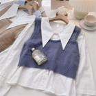 Set: Long-sleeve Plain Shirt + Plain Knit Vest