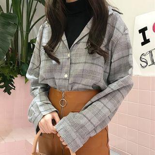 Set: Plaid Long-sleeve Blouse + Sleeveless Top