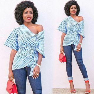 Elbow-sleeve Asymmetric Gingham Top