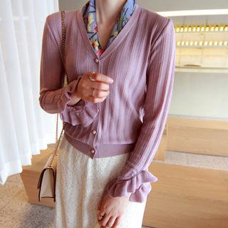 Frill-cuff Faux-pearl Button Cardigan
